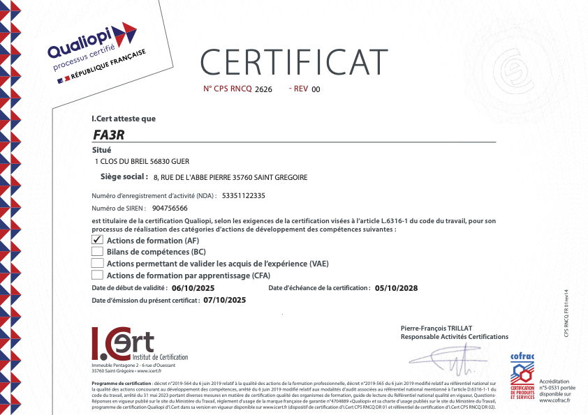 Certificat Qualiopi FA3R